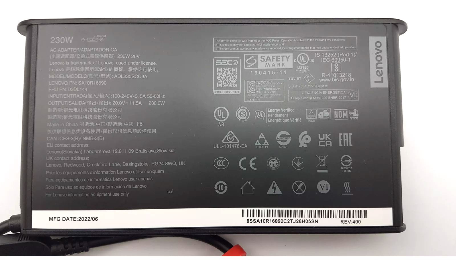 Original Lenovo 230W Netzteil 20V-11,5A Model ADL230SDC3A 02DL144 + EU-Stecker
